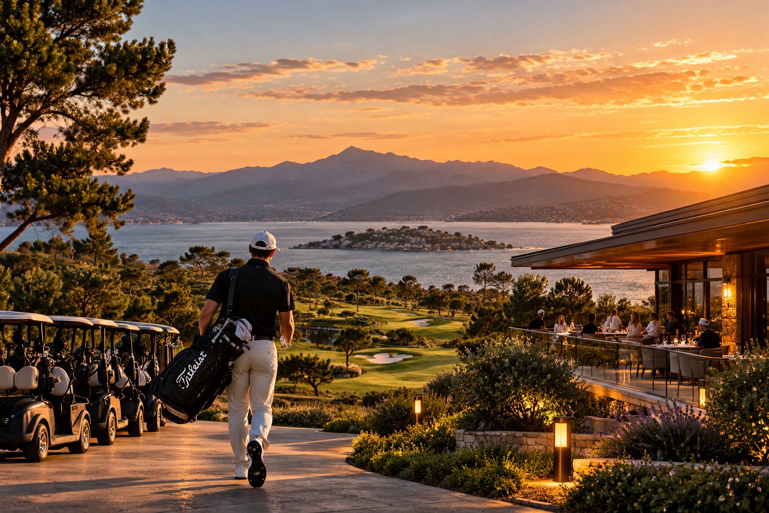 A golfer walking past the cart court toward the lit clubhouse terrace at sunset