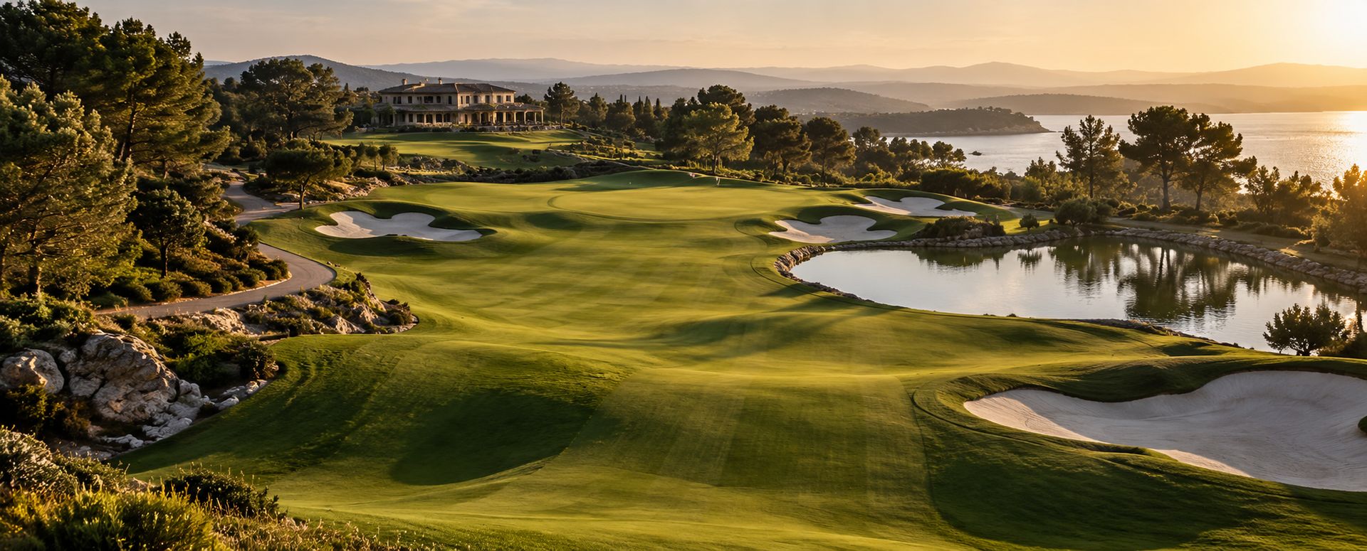 A wide fairway framed by bunkers and a still lake, rising toward a villa among the pines
