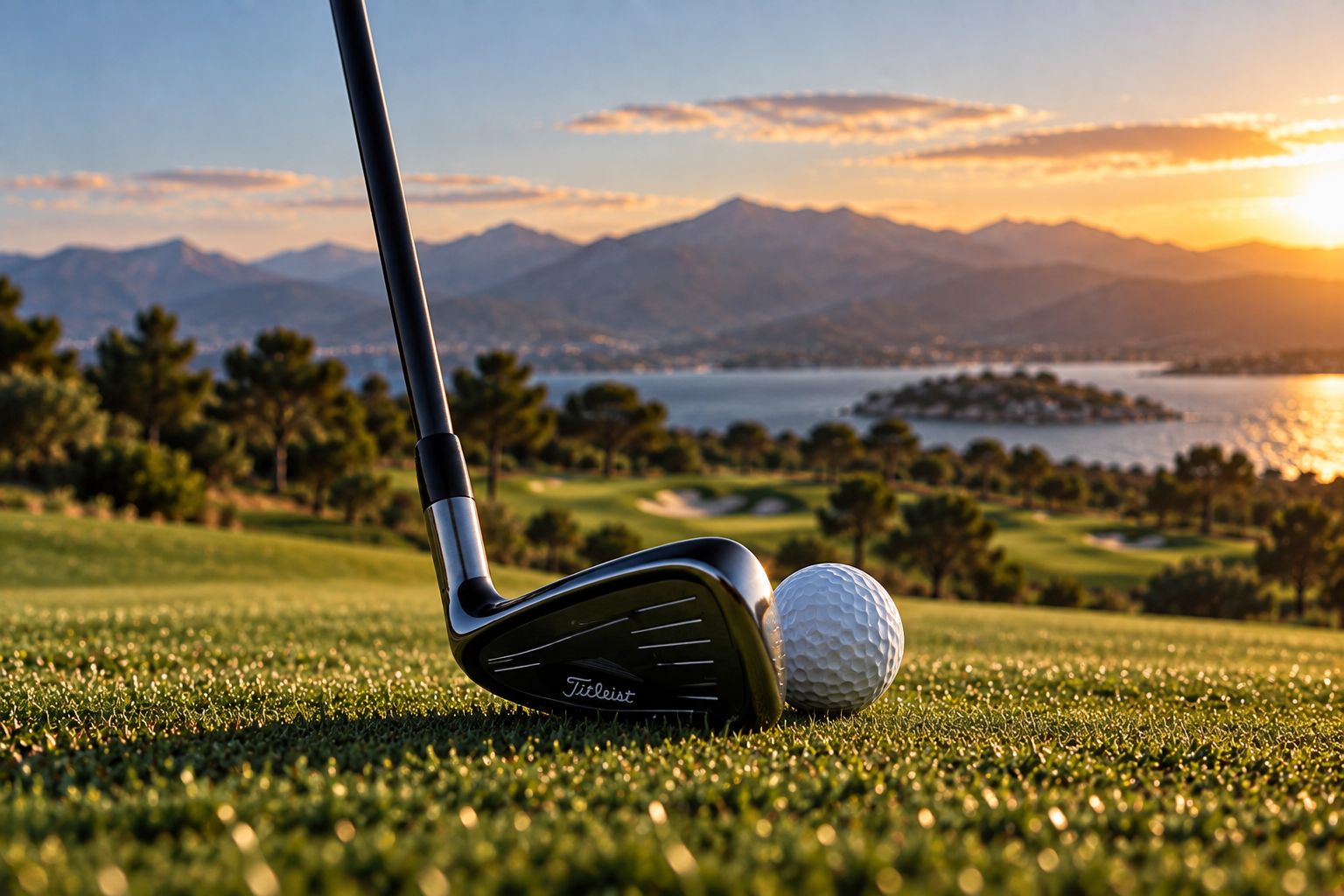 An iron resting behind a ball on dewy turf, fairways and the bay softly out of focus