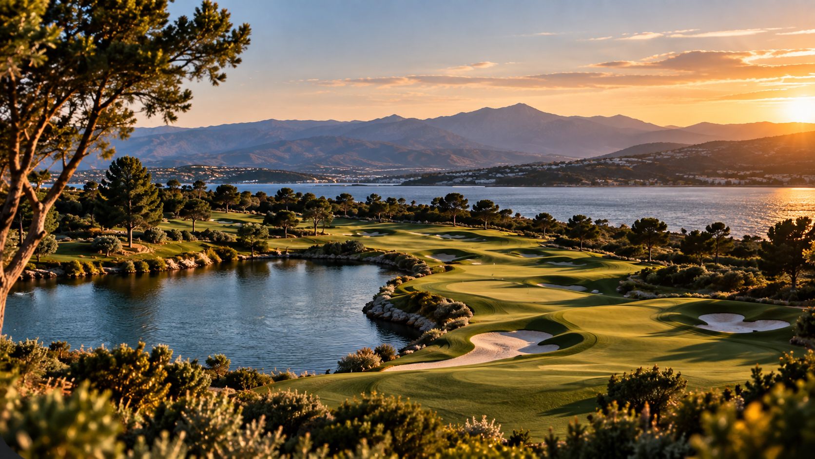 Fairways curving around a lagoon beneath umbrella pines, the bay shining at sunset