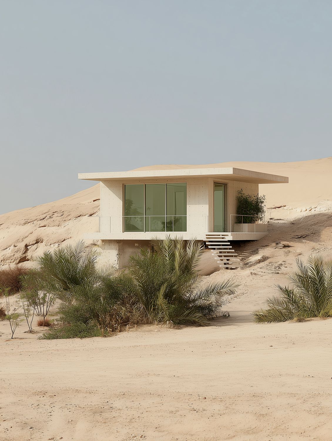 A low stone pavilion with wide windows set into the dunes