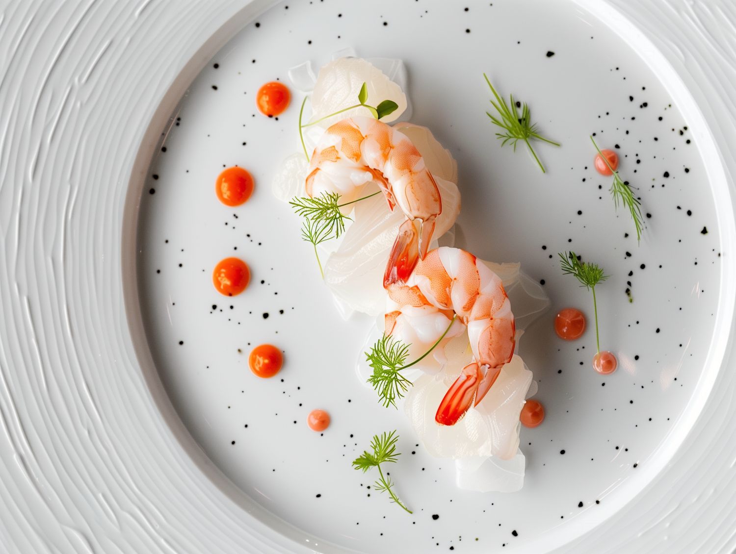 White fish and prawns with an orange sauce and herbs on a textured plate
