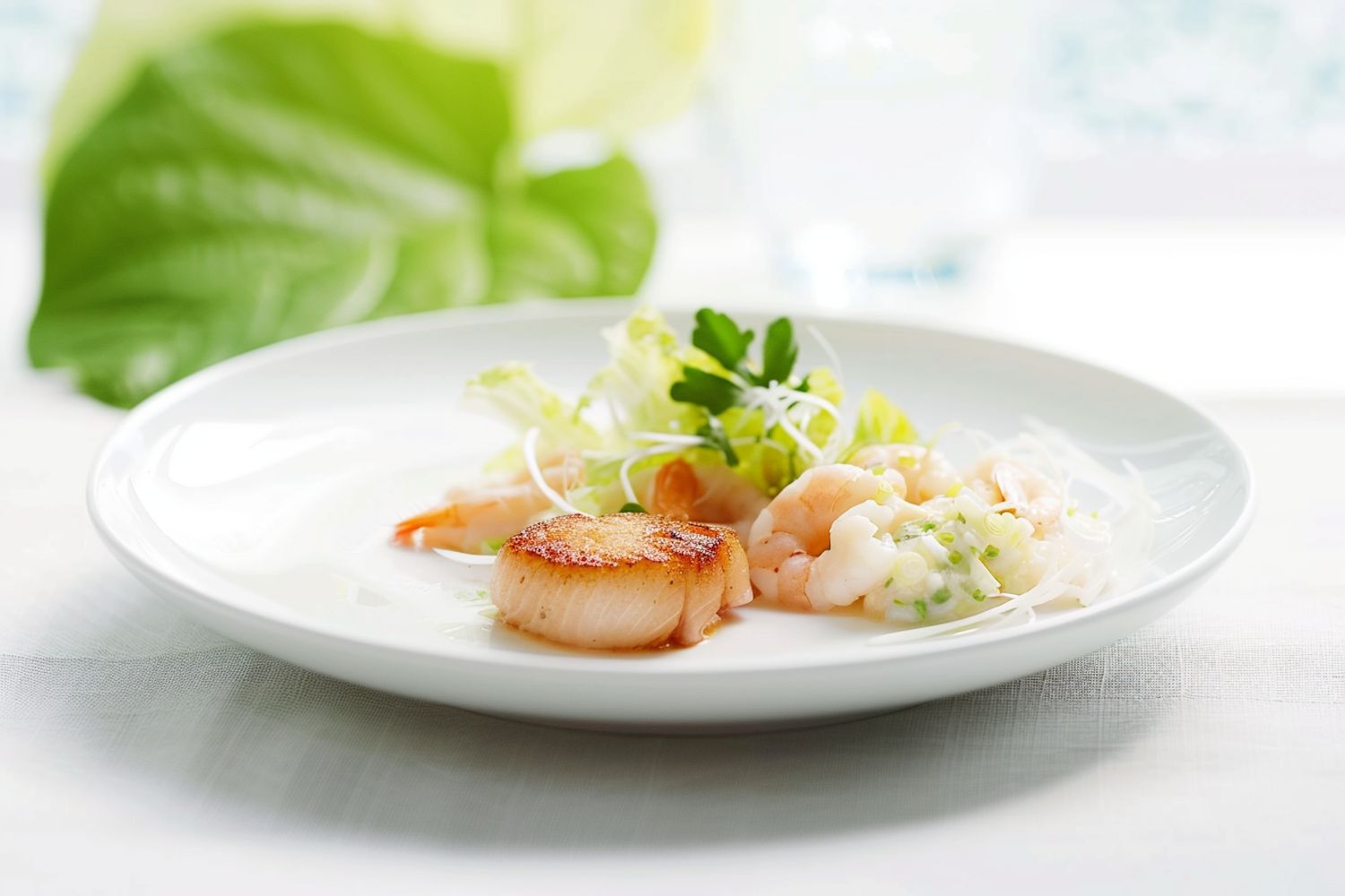A seared scallop with prawns and fresh leaves on a white plate